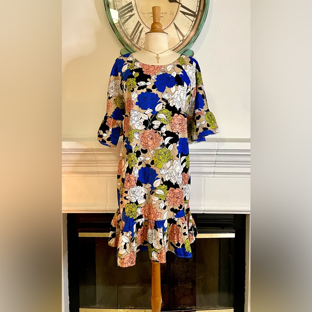 Miao Miao Vibrant Floral Midi Dress with Ruffle Hem